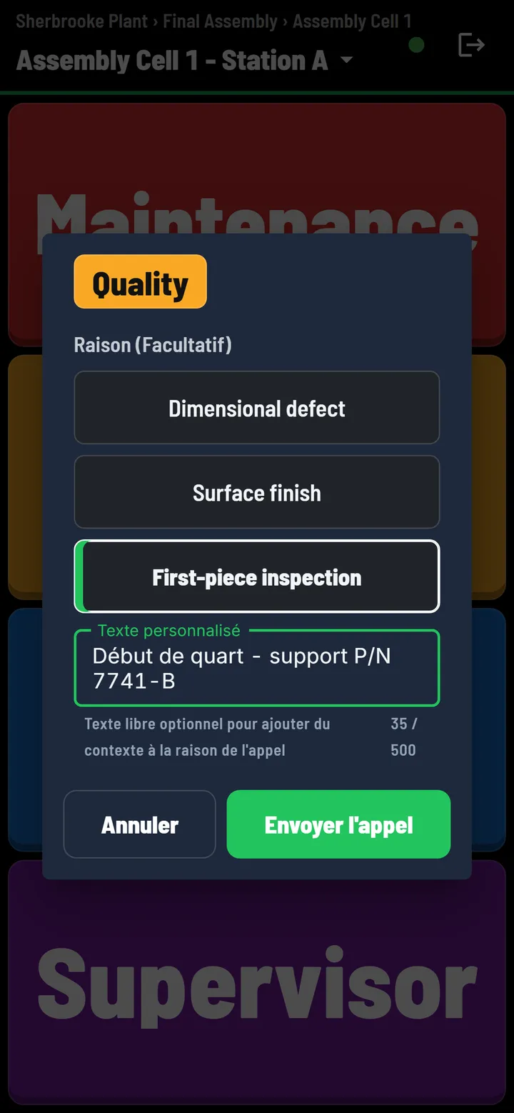 Télécommande sur téléphone demandant une raison qualité, avec Inspection première pièce sélectionnée et une note ajoutée